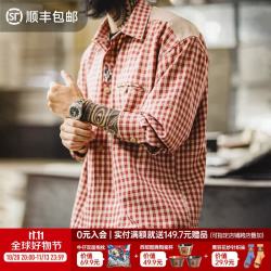 马登 美式复古格纹衬衫男款经典休闲百搭宽松外套上衣秋季通勤长袖 酒红格子 【高级感/慵懒松弛感/男士/