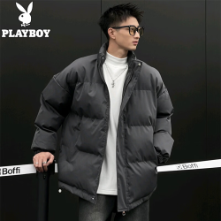 PLAYBOY 短款棉服男冬季棉衣男立领加厚保暖面包服外套百搭棉袄 深灰 XL （建议体重