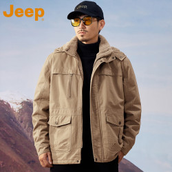 Jeep 美国正品Jeep高端羊羔绒夹克男士冬季保暖连帽工装户外工装棉衣服 卡其色 M 建议 100-120斤