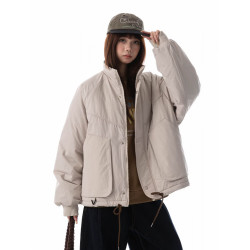 型曼 冬季山系户外机能风拼接工装棉衣外套男女宽松加厚保暖立领面包服 浅灰色 M