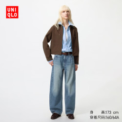 优衣库 宽松廓形牛仔裤/加长款女装男装弯刀镰刀裤子484807 488700 488700/67海蓝色