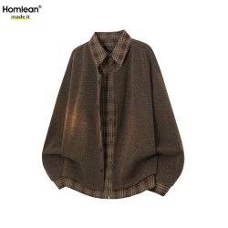 Homlean 格纹拼接针织衫老钱风假两件男春季开衫宽松夹克外套HJ13咖色L