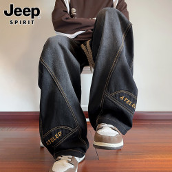 JEEP SPIRIT 吉普牛仔裤男美式刺绣休闲裤男士阔腿直筒高端秋冬季宽松长裤子