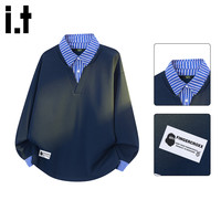 fingercroxx it衬衫领假两件卫衣男2026秋季宽松翻领衣服polo衫男 藏青 4XL