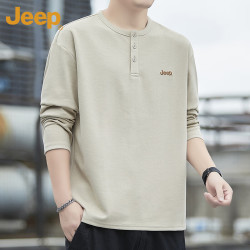 Jeep 长袖T恤男秋冬季亨利领宽松打底纯色休闲上衣 卡其 L