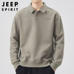 JEEP SPIRIT 吉普POLO衫男士卫衣春秋季宽松长袖翻领t恤衫上衣男 灰绿 XL