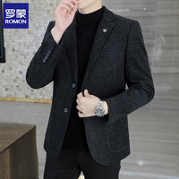 罗蒙 2026春秋季新款休闲西装外套男高级感修身商务西服毛呢上衣单件 黑灰色 2XL  150-165斤