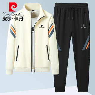 皮尔·卡丹 皮尔卡丹（pierre cardin）长袖外套男士春秋季夹克长裤套装运动户外休闲两件套 米白 5XL