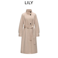 LILY 100%羊毛LILY2026冬新款女装复古廓形立领毛呢外套长款双面呢大衣 702浅米咖 XS /155/76A