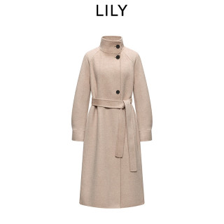 LILY 100%羊毛LILY2026冬新款女装复古廓形立领毛呢外套长款双面呢大衣 702浅米咖 XS /155/76A