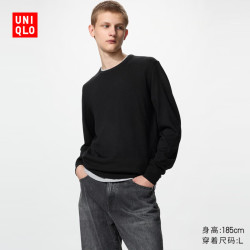 优衣库 精纺美利奴羊毛圆领针织衫/长袖男装/毛衣毛衫486058 09 黑色 M