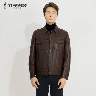 才子 羊皮翻领工装皮衣男士复古通勤外套百搭高级感真皮夹克 深啡色 L (170/88A)