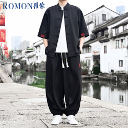 罗蒙 国风盘扣衬衫男夏季潮流新中式宽松百搭短袖套装黑色3XL