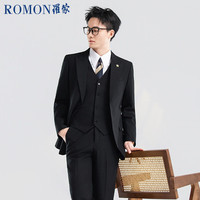 罗蒙 戗驳领珠边西服套装男新郎结婚礼服西装黑色2XL
