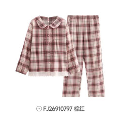 芬腾 娃娃领甜美风格子长袖家居服套装可外穿