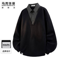 马克华菲 卫衣男士秋冬季假两件潮牌衬衫领长袖上衣服宽松休闲外套男装