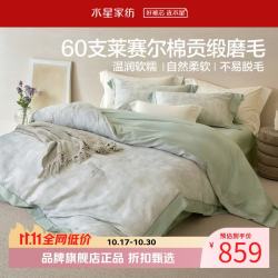 水星家纺 60支莱赛尔棉磨毛四件套莱赛尔+棉面料秋冬床单枕套被罩套件 雾光清序磨毛四件套1.5米床