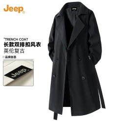 Jeep 男士中长款风衣秋季英伦复古双排扣过膝大衣宽松休闲外套