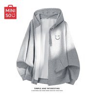 名创优品 青少年麻灰色简约笑脸连帽开衫外套男秋季休闲卫衣高级感宽松夹克 麻灰(m22浅灰笑脸胸标)