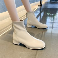 软皮中跟米色小短靴女2025新款春秋百搭马丁靴时尚方头粗跟瘦瘦靴