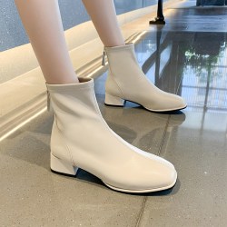 软皮中跟米色小短靴女2025新款春秋百搭马丁靴时尚方头粗跟瘦瘦靴