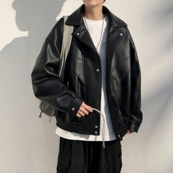FOG SKY 美式皮衣外套男士春秋季百搭复古痞帅百搭机车皮夹克FJ01黑色L