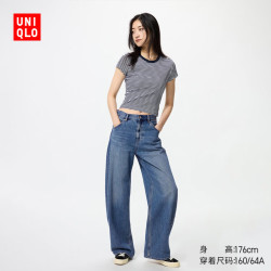 优衣库 宽松廓形牛仔裤/加长款女装男装弯刀镰刀裤子480739 67 海蓝色 23 /150/58A