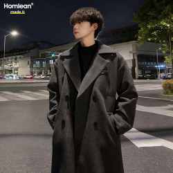 Homlean 毛呢大衣外套男秋冬中长款韩版高级宽松过膝呢子风衣HT21灰色L