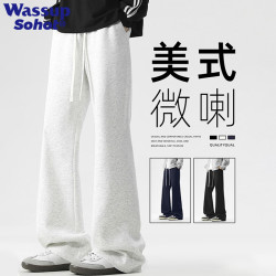 Wassup Sohot 休闲裤男春秋季美式弯刀微喇卫裤百搭阔腿运动裤 白灰色 XL
