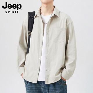 JEEP SPIRIT 吉普长袖衬衫男翻领宽松落肩外套男士秋冬季休闲衬衣 米灰色 2XL