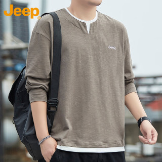 Jeep 长袖T恤男士秋冬季纯棉圆领假两件休闲打底衫男装 卡其 L