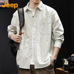 Jeep 衬衫男士长袖秋冬季条纹宽松休闲工装外套衣服男装 白色 L