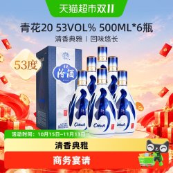 汾酒 山西杏花村53度 青花20 清香型白酒 500ml*6瓶非原箱