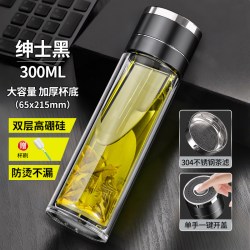 格耳 水杯带把手泡茶杯双层玻璃杯大容量高硼硅家用男士商务办公室杯子