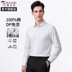 啄木鸟 衬衫男秋季纯棉无痕易打理商务休闲轻奢长袖衬衣白色40