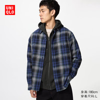 优衣库 竹节棉格子衬衫/长袖男装/衬衣空调衫493440 69 藏青色 2XL