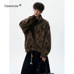 CEAROCOW暗纹字母提花休闲夹克男生秋季高街复古休闲百搭外套松弛立领上衣 咖啡色 M