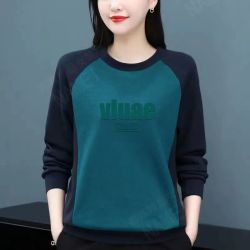 瑶朵仪 宽松100%纯棉圆领卫衣女春秋大码印花拼接长袖打底衫休闲妈妈