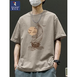 啄木鸟 复古美式短袖t恤男2026新款卡其色休闲宽松夏季纯棉半袖衣服上衣 卡其色 2XL