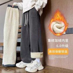 雅鹿 加绒羊羔绒休闲裤男2026新款秋冬季运动裤保暖长裤男装直筒卫裤 深灰色 XL