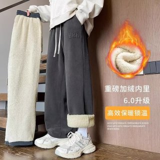 雅鹿 加绒羊羔绒休闲裤男2026新款秋冬季运动裤保暖长裤男装直筒卫裤 深灰色 XL