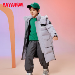 YAYA 鸭鸭（YAYA）儿童羽绒服男童新中长款加厚过膝连帽保暖冬季中大童装外套 灰色120