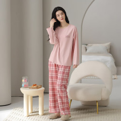 芬腾 女士100%纯棉格纹睡衣套装 粉色 M