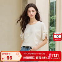 三彩 2026秋季新款圆领短袖T恤字母绣花上衣通勤女 杏色 S 155/80A