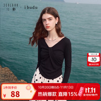 三彩 2026秋季新款折裥T恤长袖修身V领套头短款女 经典黑 L 165/88A