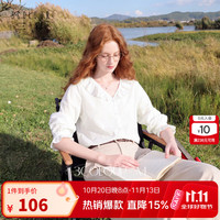 三彩 2026秋季新款荷叶边V领白色纯棉宽松长袖衬衫上衣M 云朵白 S 155/80A