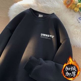 嘉晔 长袖T恤男士2023年秋季纯色韩版百搭打底衫加绒加厚圆领卫衣男 K2355小字母黑色 加绒 2XL