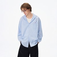 bosie 纯棉连帽物理防晒衫夏季新款蓝色格子薄款长袖衬衫外套男女E