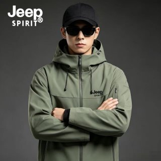 移动端：JEEP SPIRIT Jeep吉普连帽夹克男户外运动防风防水软壳冲锋衣秋季薄款宽松外套