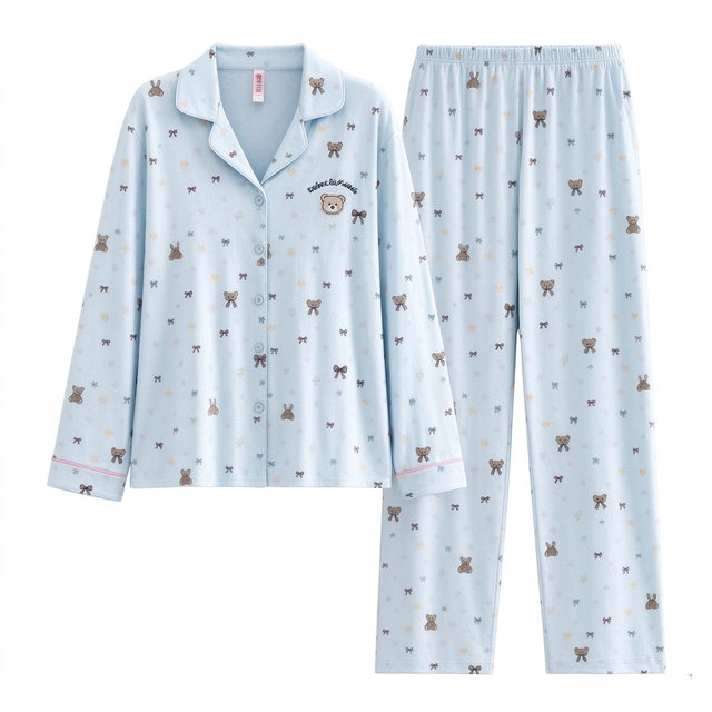 芬腾 7A抗菌纯棉家居服套装 雨水蓝
